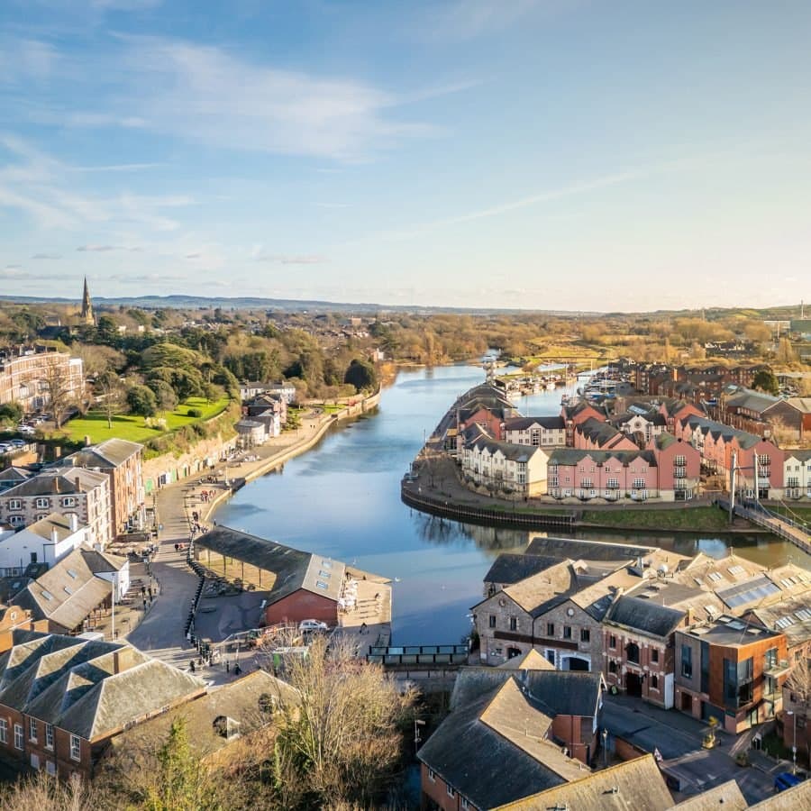 Exeter Quay from above, with the River Exe and the quayside warehouses